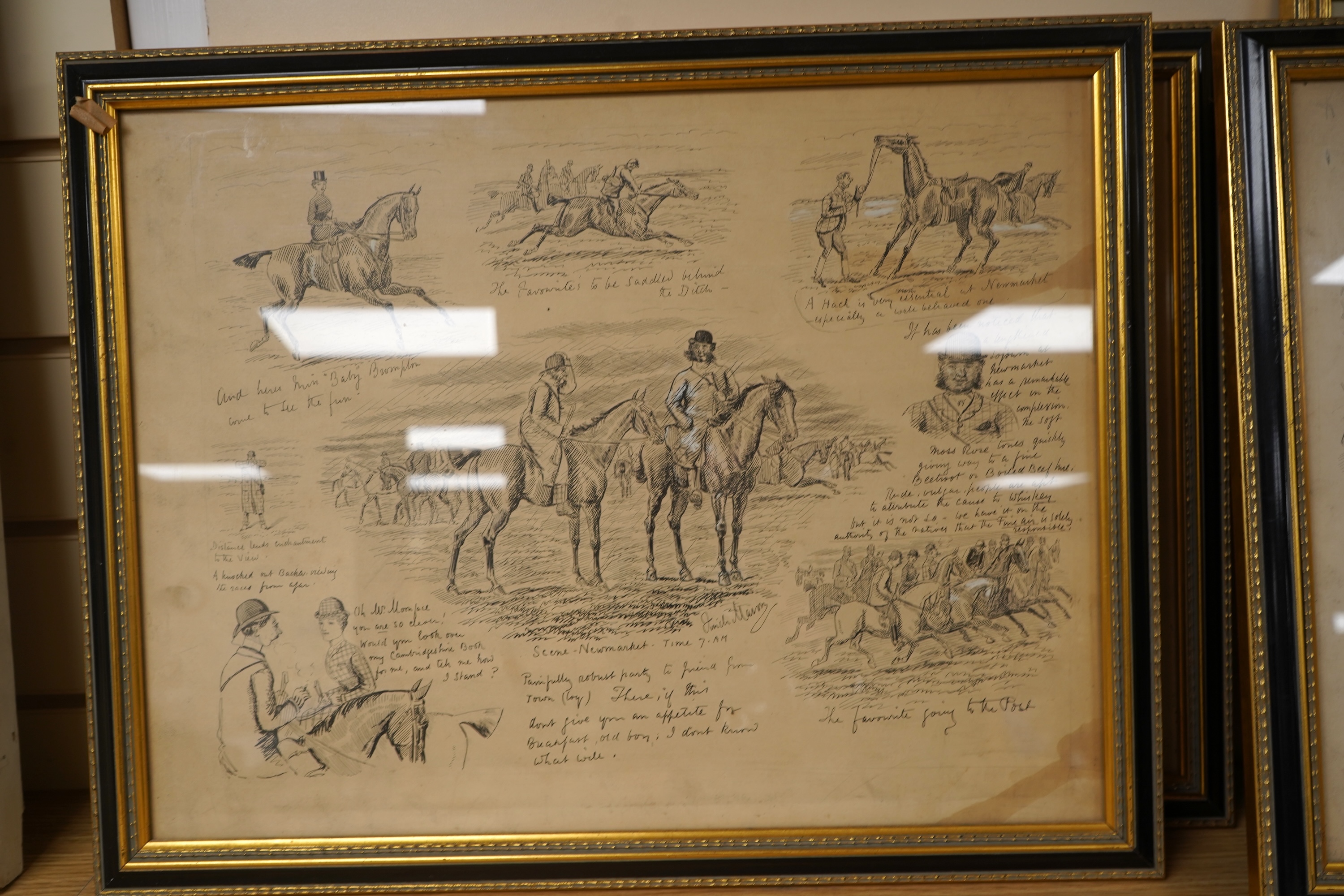 George Finch Mason (1850-1915), Hunting scenes, each signed and inscribed, set of four ink sketches heightened with white, 34 x 44cm together with George Finch Mason (1850-1915), ‘Alas! At the Second Fence the Geisha Ref
